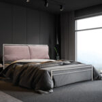 Corner of stylish master bedroom with gray walls, concrete floor, double bed on gray carpet, two bedside tables with books and plant and large window with mountain view. 3d rendering